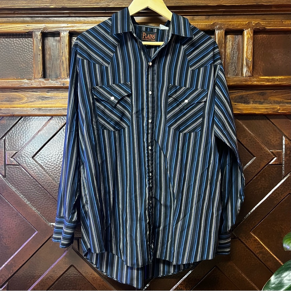 Vintage Men's Blue Striped Pearl Snap Shirt - Size Large